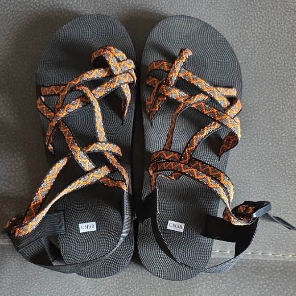 Shoes - Black and Orange Outdoor Sandals with Crisscross Straps